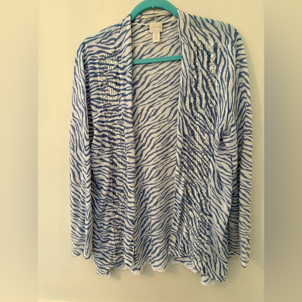 Chico’s Women’s Open front Cardigan-Linen Cotton Blend Lacey Accent -Sz 2(12-14)